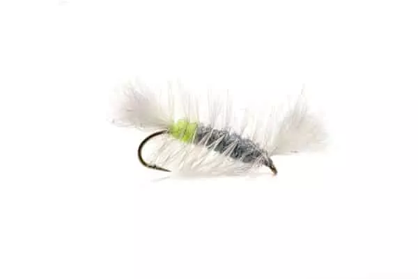 Grey pompero dryfly with chartreuse hotspot