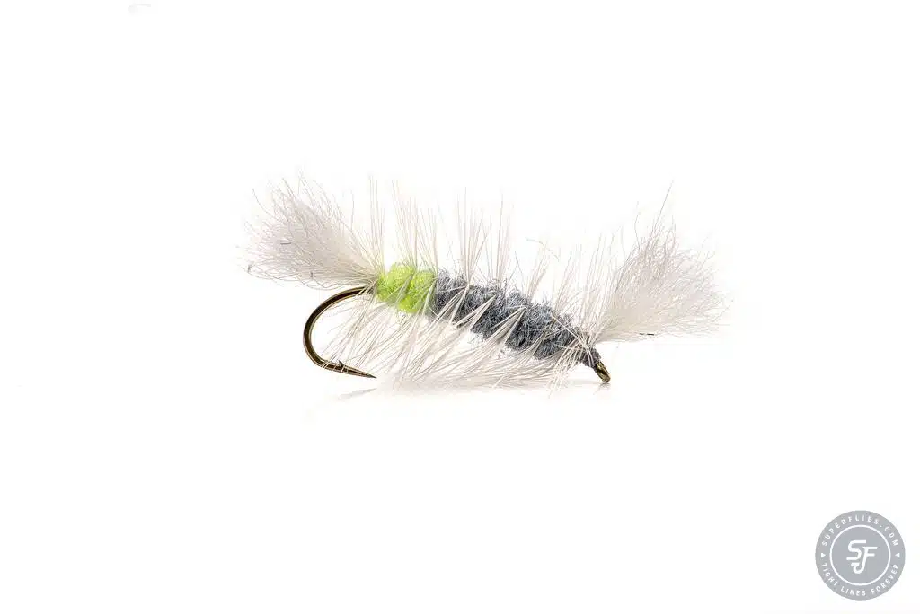 Grey pompero dryfly with chartreuse hotspot