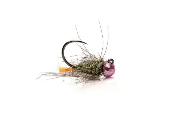 Orange tag beadhead fly with disco pink bead