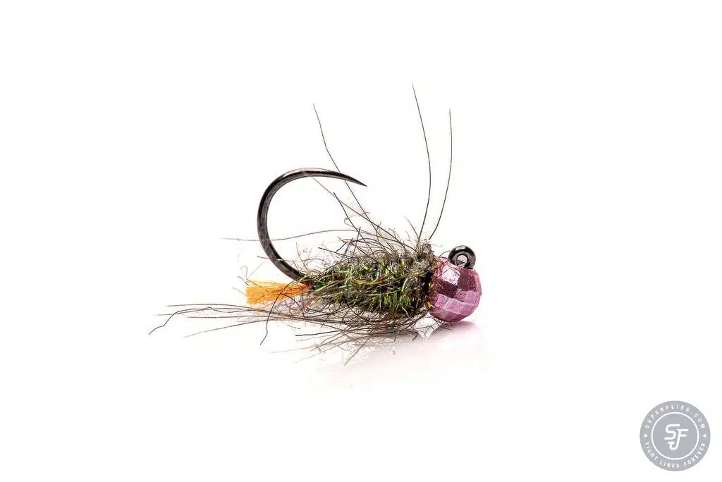 Orange tag beadhead fly with disco pink bead