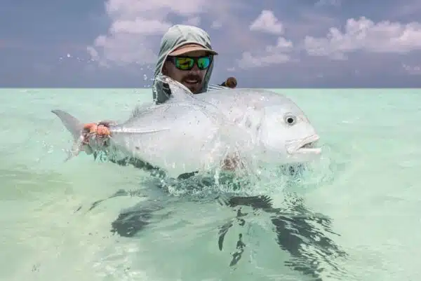 Seychelles giant trevally with one of our GT flies