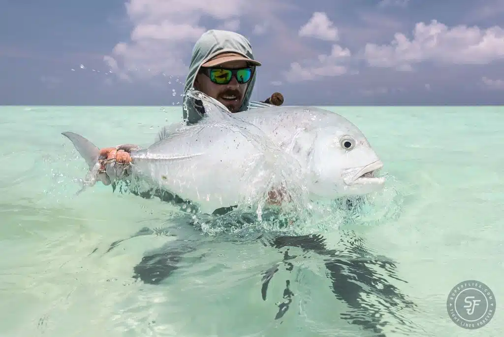 Seychelles giant trevally with one of our GT flies