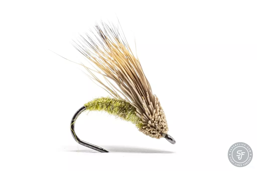 Streaking caddis dryfly in Olive