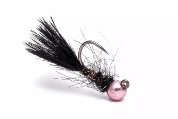 A mini leech fly in black with a pink bead.
