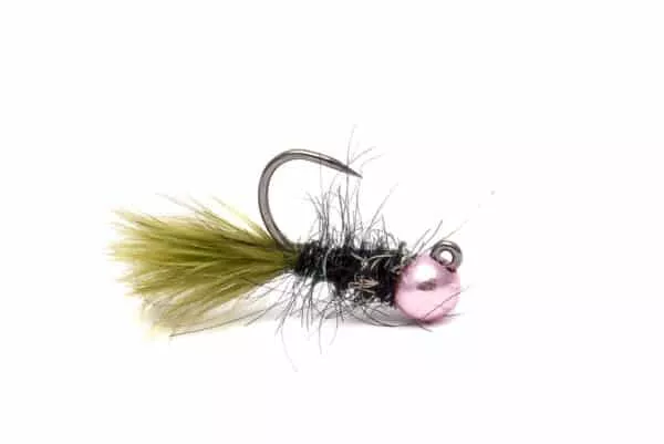 A mini leech on a jig hook, olive tail, dark body and pink bead.