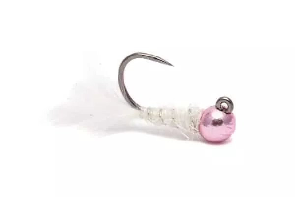 Mini leech beadhead on a jig hook, white with pink bead.