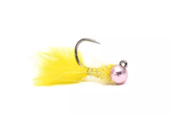 A mini leech fly in yellow. Pink bead.