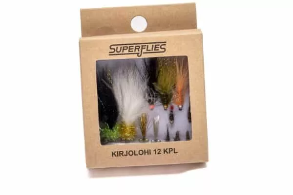 Selection of rainbow trout flies in cardboard box
