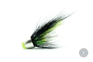 a black and green salmon tube fly